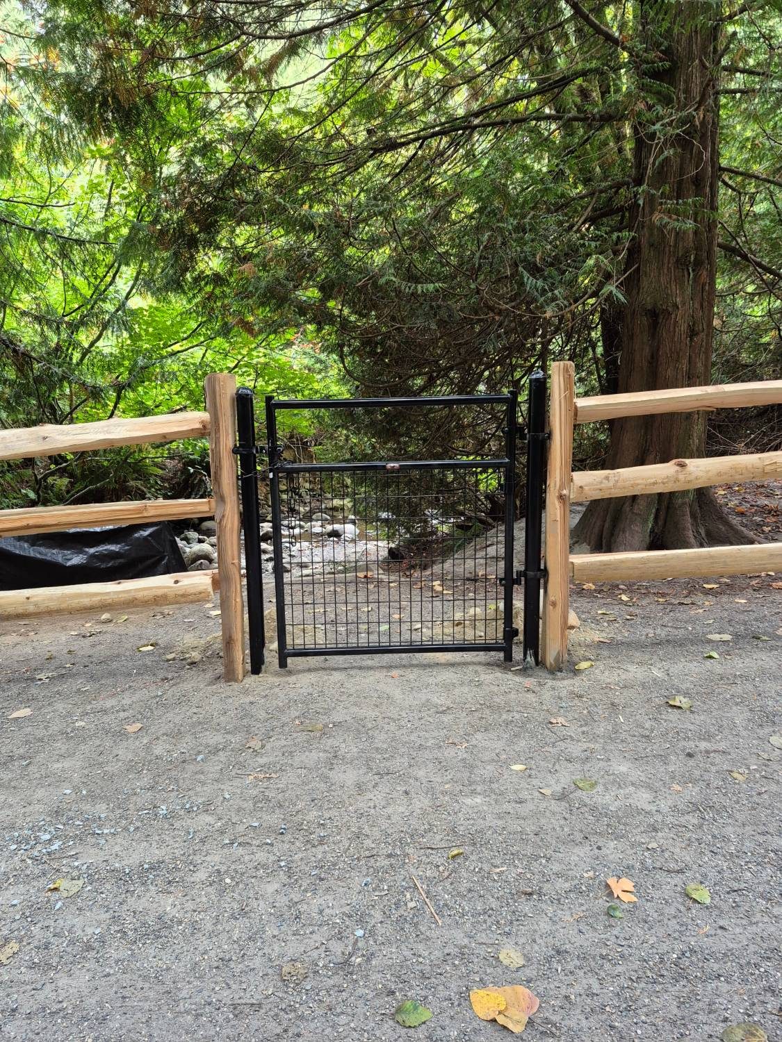 Split rail fence with black mesh gate at a creek